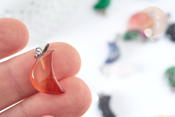 Pendentif lune pierre naturelle support laiton platine 21~24mm, pendentif lune bijou pierre naturelle, x1 G(7957)