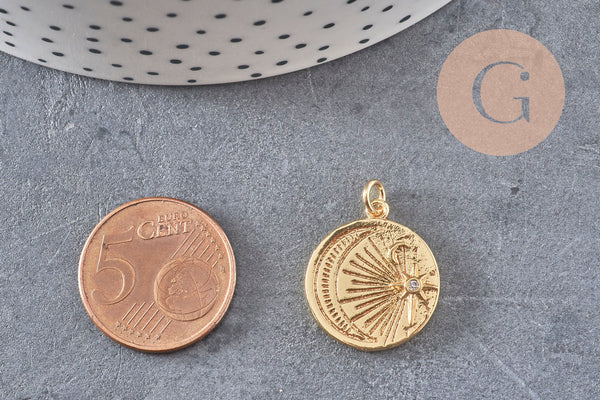 Pendentif lune rond gravé laiton doré 16K étoile zircon 20.5mm, un pendentif doré avec des cristaux pour la création de bijoux, x1 (G5960)