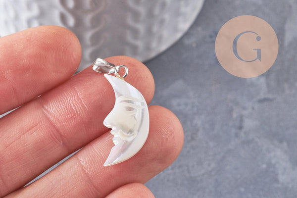 Pendentif lune visage nacre blanche naturelle laiton platine 22-28mm, création bijoux coquillage blanc, x1 (G9917)