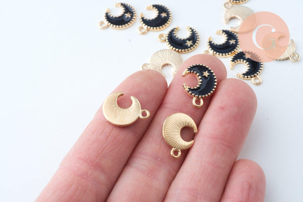 Pendentif lune zamac doré émail noir 16mm,pendentif doré pour création de bijoux, x5 (G6087)