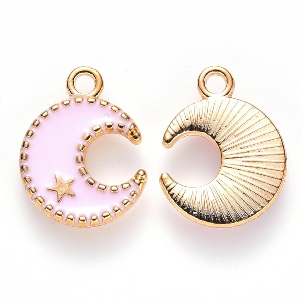 Pendentif lune zamac doré émail rose clair 16mm,pendentif doré pour création de bijoux, x5 G6093