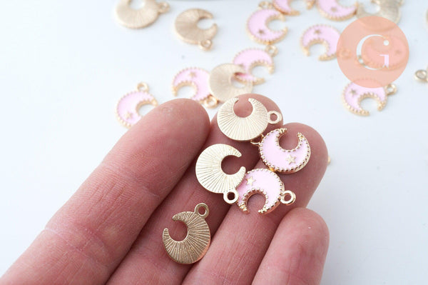 Pendentif lune zamac doré émail rose clair 16mm,pendentif doré pour création de bijoux, x5 G6093