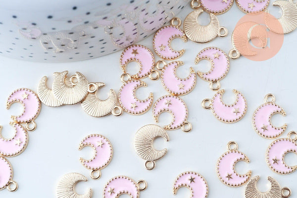 Pendentif lune zamac doré émail rose clair 16mm,pendentif doré pour création de bijoux, x5 G6093