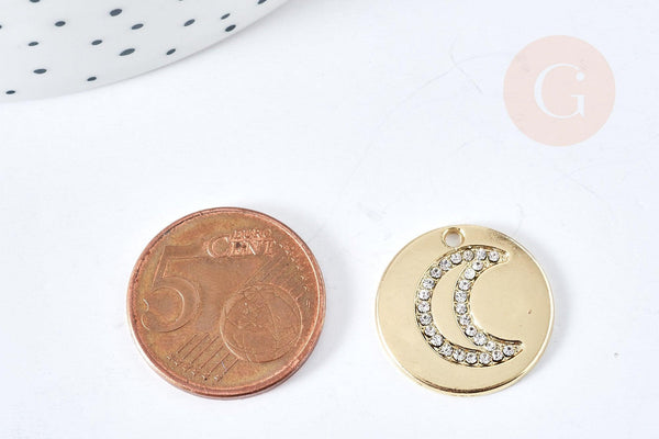 Pendentif lune zamac dore et zircons 19mm,pendentif médaille doré création bijoux, x1 (G8517)