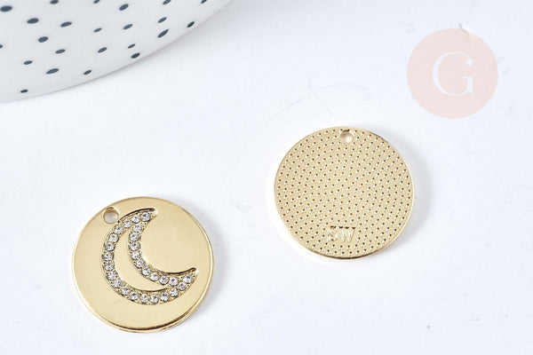 Pendentif lune zamac dore et zircons 19mm,pendentif médaille doré création bijoux, x1 (G8517)