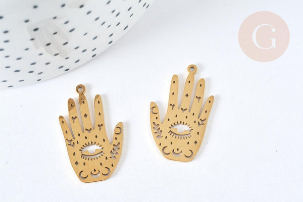 Pendentif main mystique acier 201 doré 30mm, fournitures création bijoux chance x1 G7380