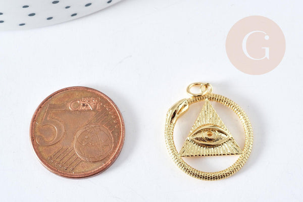Pendentif mauvais œil et serpent laiton doré rond et plat 22mm, x1 G8963