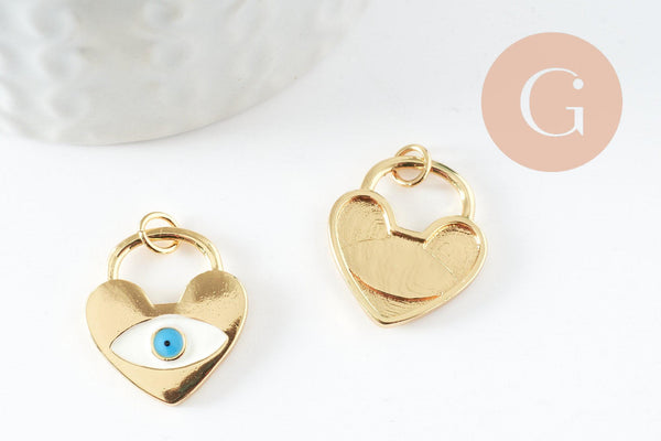 Pendentif médaille Cadenas coeur oeil émail blanc laiton doré 16K,pendentif laiton amour pour création bijoux,20mm, x1 (G4674)