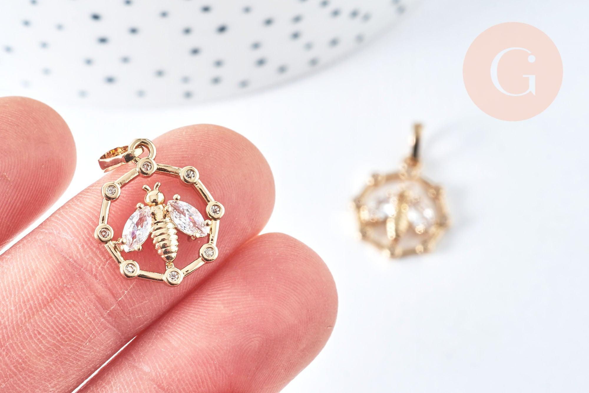 Pendentif médaille abeille zircon laiton doré 18mm, fournitures pour bijoux, breloque laiton et zircon, x1 G6958