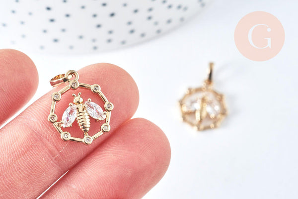 Pendentif médaille abeille zircon laiton doré 18mm, fournitures pour bijoux, breloque laiton et zircon, x1 G6958