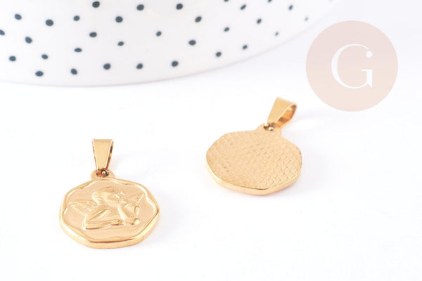 Pendentif médaille ange acier 304 inoxydable doré 20.5mm, pendentif doré sans nickel, x1 - (G2664)