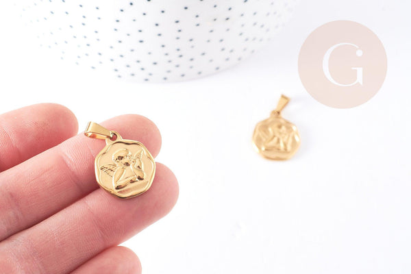 Pendentif médaille ange acier 304 inoxydable doré 20.5mm, pendentif doré sans nickel, x1 - (G2664)