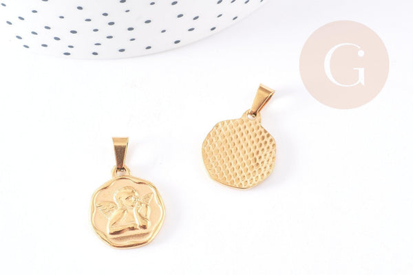 Pendentif médaille ange acier 304 inoxydable doré 20.5mm, pendentif doré sans nickel, x1 - (G2664)