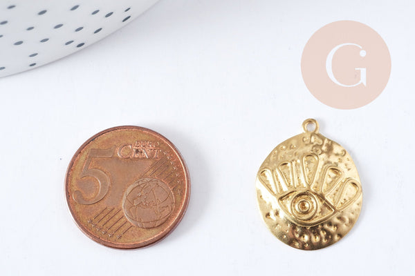 Pendentif médaille bombée ronde oeil protecteur laiton brut 22.5mm, x1 (G8841)