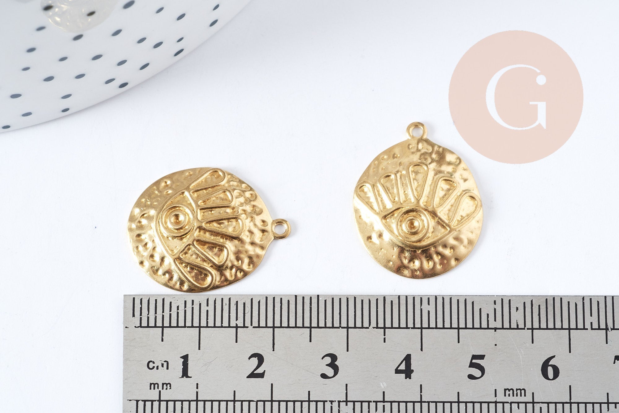 Pendentif médaille bombée ronde oeil protecteur laiton brut 22.5mm, x1 (G8841)
