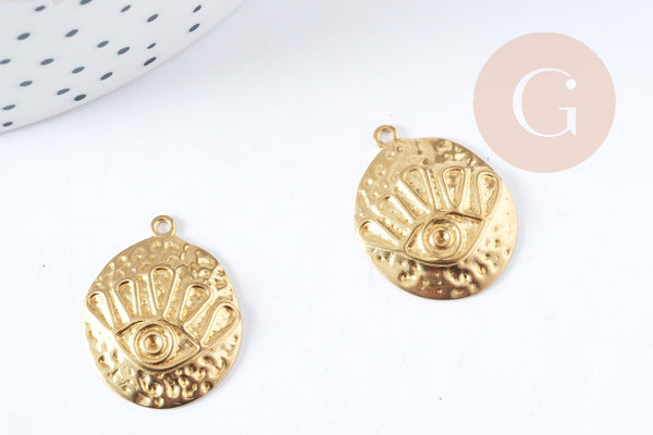 Pendentif médaille bombée ronde oeil protecteur laiton brut 22.5mm, x1 (G8841)