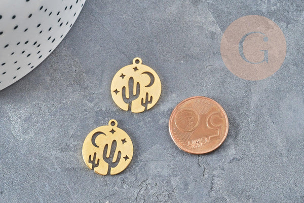 Pendentif médaille cactus étoiles acier doré 20.5mm, breloque acier inoxydable doré x1 (G6038)