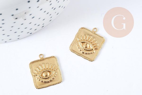 Pendentif médaille carré oeil protecteur laiton brut 22mm, un apprêt doré sans nickel,une médaille dorée en laiton brut,x 2 G6316