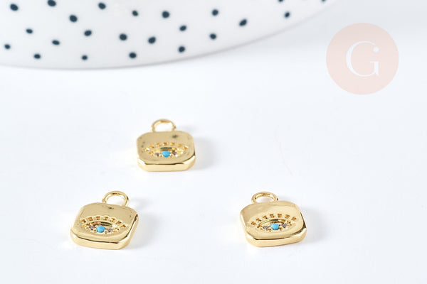 Pendentif médaille carré oeil protecteur laiton doré zircon 13mm, x1 (G8588)