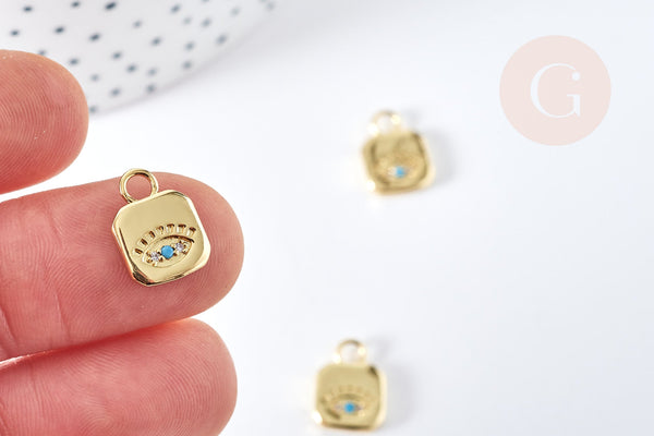 Pendentif médaille carré oeil protecteur laiton doré zircon 13mm, x1 (G8588)