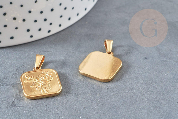 Pendentif médaille carré rose acier 304 inoxydable doré 20.5mm, création bijoux médaille or x1 (G4551)