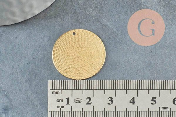 Pendentif médaille cerle texturée laiton brut 25mm, bijoux laiton brut x2 (G1226)