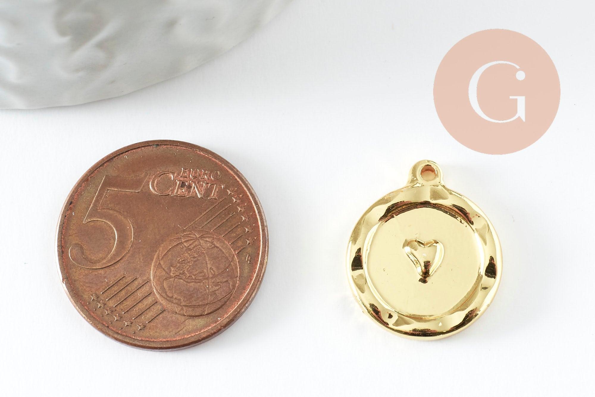 Pendentif médaille coeur acier 304 IP inoxydable doré 18K 18mm, x1 (G9579)