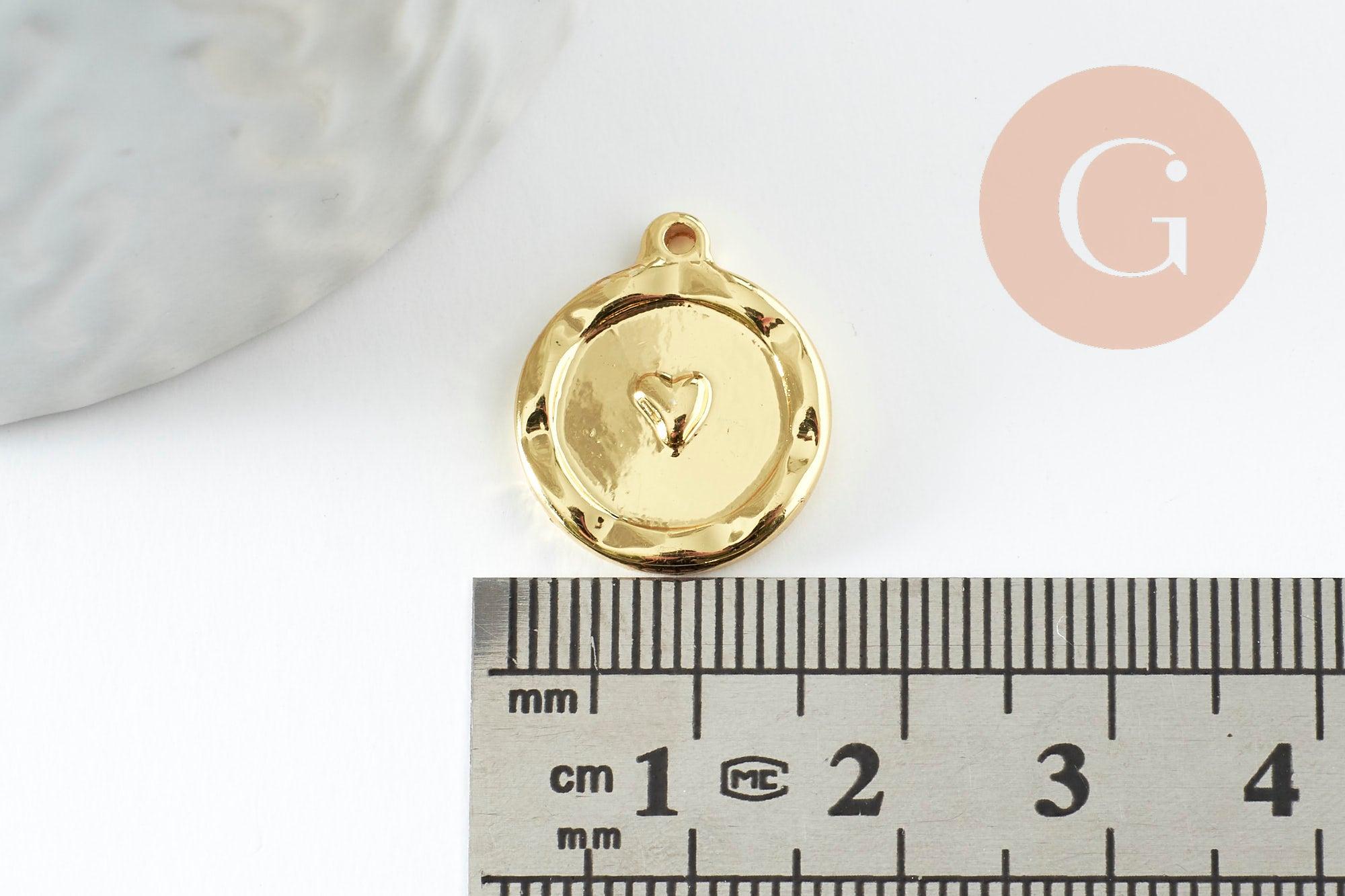 Pendentif médaille coeur acier 304 IP inoxydable doré 18K 18mm, x1 (G9579)