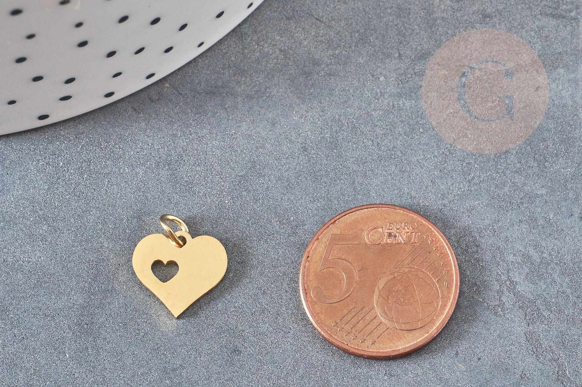 Pendentif médaille coeur acier 304 inoxydable doré 12mm, x1 (G2993)