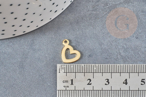 Pendentif médaille coeur acier doré, pendentif acier doré,sans nickel,acier doré, médaille acier,14mm, x5 G3632
