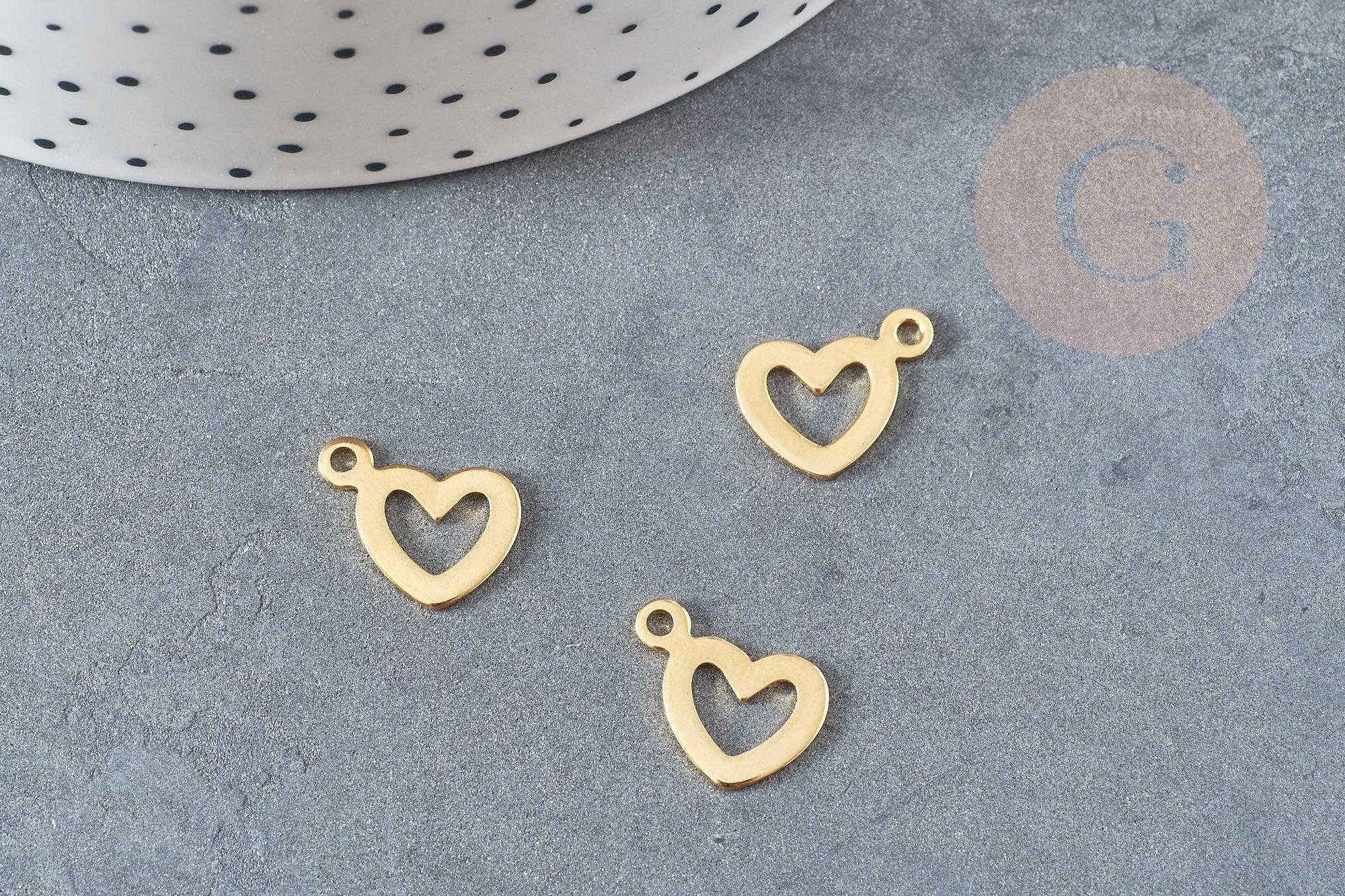 Pendentif médaille coeur acier doré, pendentif acier doré,sans nickel,acier doré, médaille acier,14mm, x5 G3632