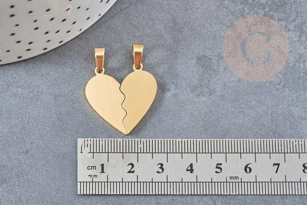 Pendentif médaille coeur acier doré séparable, pendentif acier doré sans nickel pour création bijoux amour et BFF, 26.5mm, x2 G3633