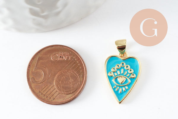 Pendentif médaille coeur émail vert laiton doré 18K , pendentif laiton amour pour création bijoux,18.5mm, x1 (G5318)