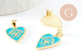 Pendentif médaille coeur émail vert laiton doré 18K , pendentif laiton amour pour création bijoux,18.5mm, x1 (G5318)