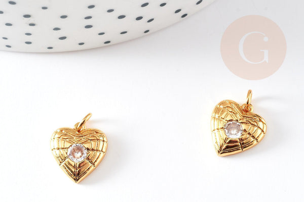 Pendentif médaille coeur laiton doré 18K et cristal zircon,pendentif laiton amour pour création bijoux,13mm, x1 G6078