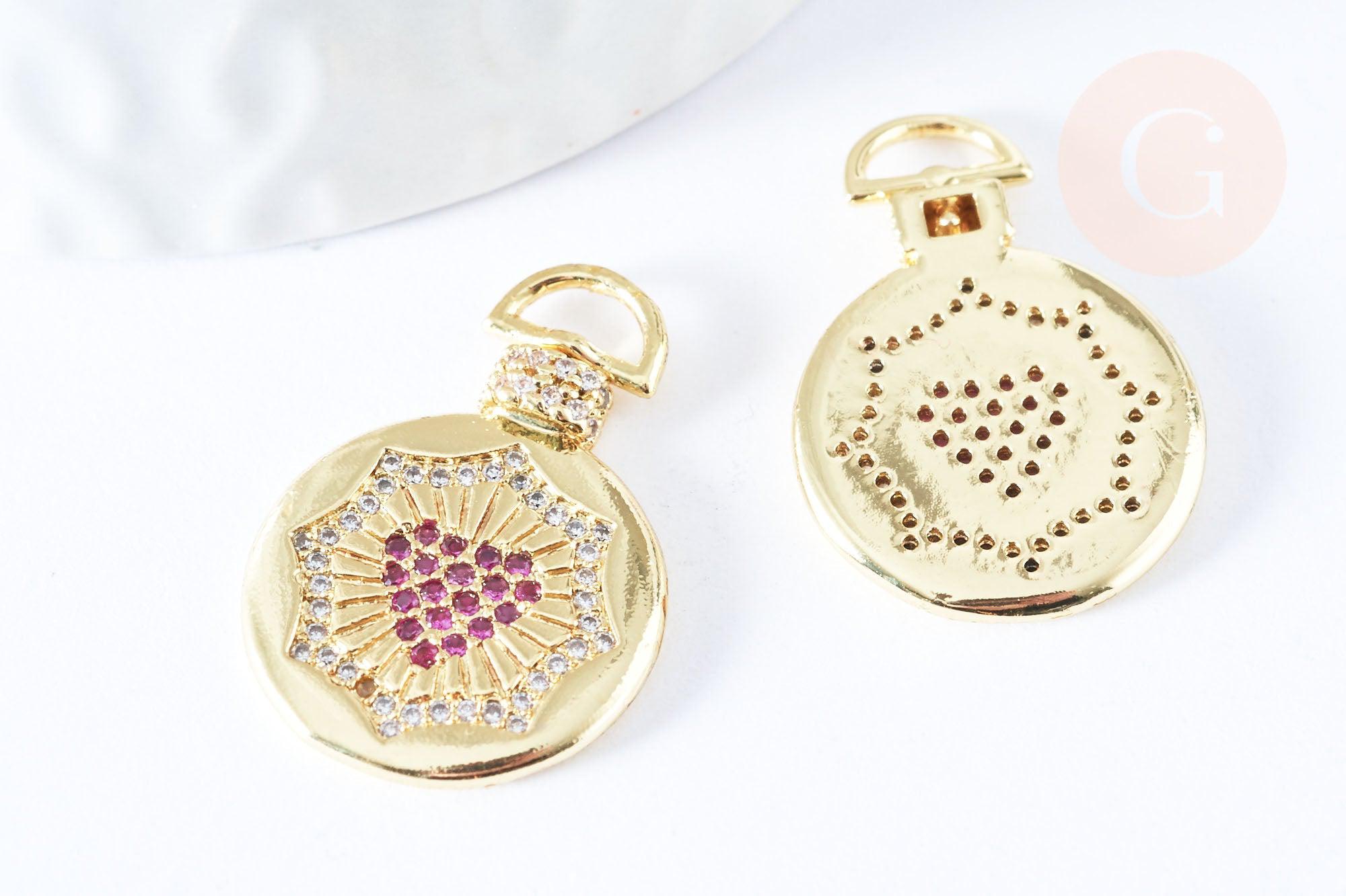 Pendentif médaille coeur laiton doré 18k zircons rouges 21mm, création bijoux fantaisie amour, x1 G6968