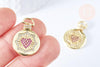 Pendentif médaille coeur laiton doré 18k zircons rouges 21mm, création bijoux fantaisie amour, x1 G6968