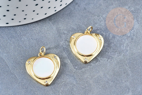 Pendentif médaille coeur nacre naturelle laiton doré 23mm sans nickel, x1 (G8838)
