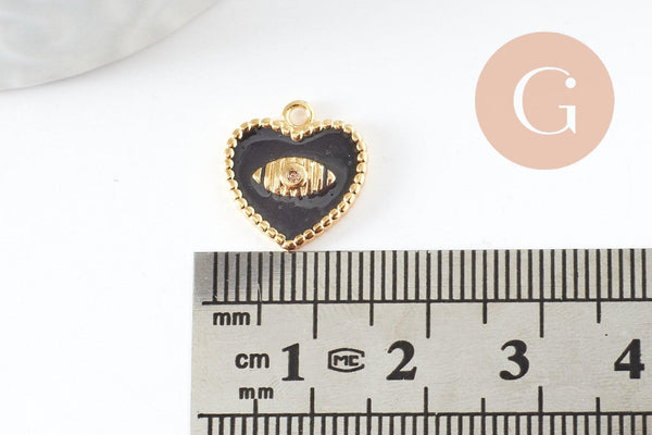 Pendentif médaille coeur oeil émail laiton doré 18K et cristal zircon,pendentif laiton amour pour création bijoux,13mm, x1 (G3414)