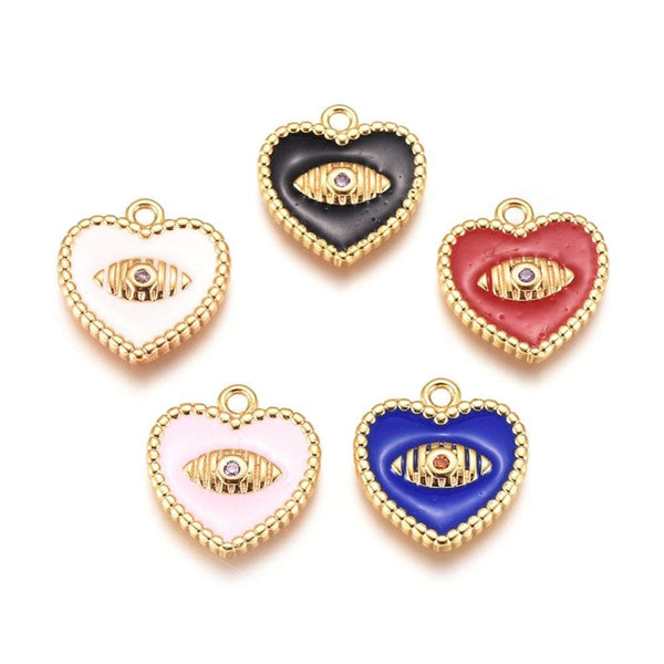 Pendentif médaille coeur oeil émail laiton doré 18K et cristal zircon,pendentif laiton amour pour création bijoux,13mm, x1 (G3414)