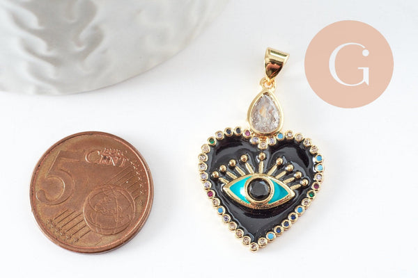 Pendentif médaille coeur oeil émail rouge laiton doré 18K et cristal zircon,pendentif laiton amour pour création bijoux,30.5mm, x1 (G7813)