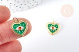 Pendentif médaille coeur oeil émail vert laiton doré 18K et cristal zircon 15mm,pendentif laiton amour , x1 G3355