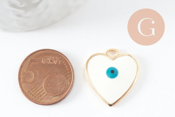 Pendentif médaille coeur oeil protecteur émail laiton doré 18K 22mm, x1 (G4297)