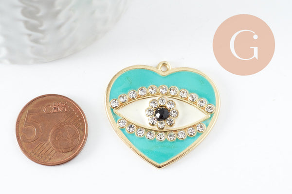 Pendentif médaille coeur oeil protecteur émail laiton doré zircons 34mm, x1 (G4293)