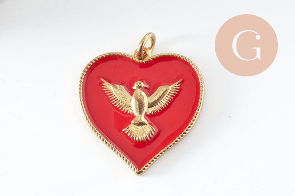 Pendentif médaille coeur oiseau émail laiton doré 18K pendentif laiton coeur,sans nickel,22.5mm, x1 (G4273)
