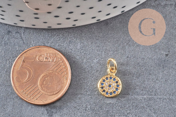 Pendentif médaille doré cristal zircon, pendentif doré,porte-bonheur,laiton dore,bijou médaille,17mm, x1 (G0483)