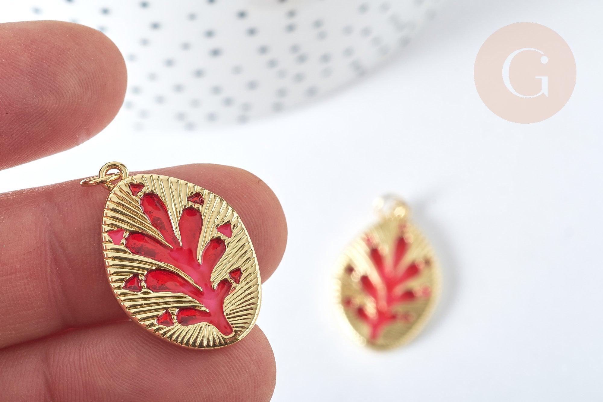 Pendentif médaille étoile laiton doré 20K émail rouge ,pendentif doré pendentif laiton doré,13.7x9mm,x1 (G7566)