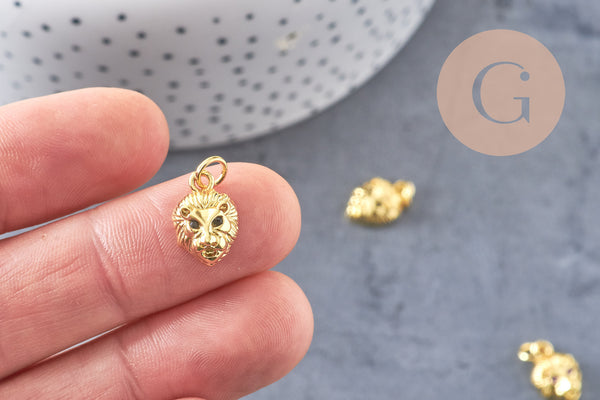 Pendentif médaille lion laiton doré 18K zircon, pendentif laiton, pendentif felin,sans nickel, 14mm, x1 (G3794)