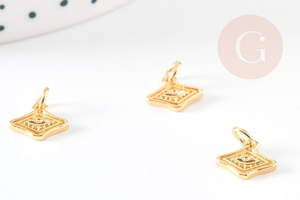 Pendentif médaille losange oeil laiton doré 18K texturé, un pendentif doré sans nickel pour la création,médaille or,10mm, x1 (G4672)