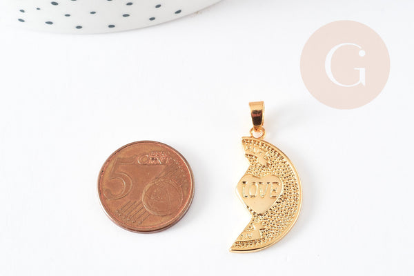 Pendentif médaille moitié coeur laiton doré, pendentif doré sans nickel pour création bijoux amour et BFF, 30mm, x1 G5339